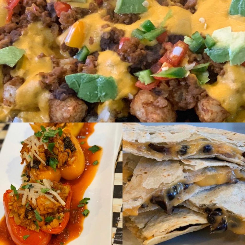 Collage of vegan cheese: cheesy quesadilla, stuffed peppers with melted parmesan, and totchos with melted nacho cheese.