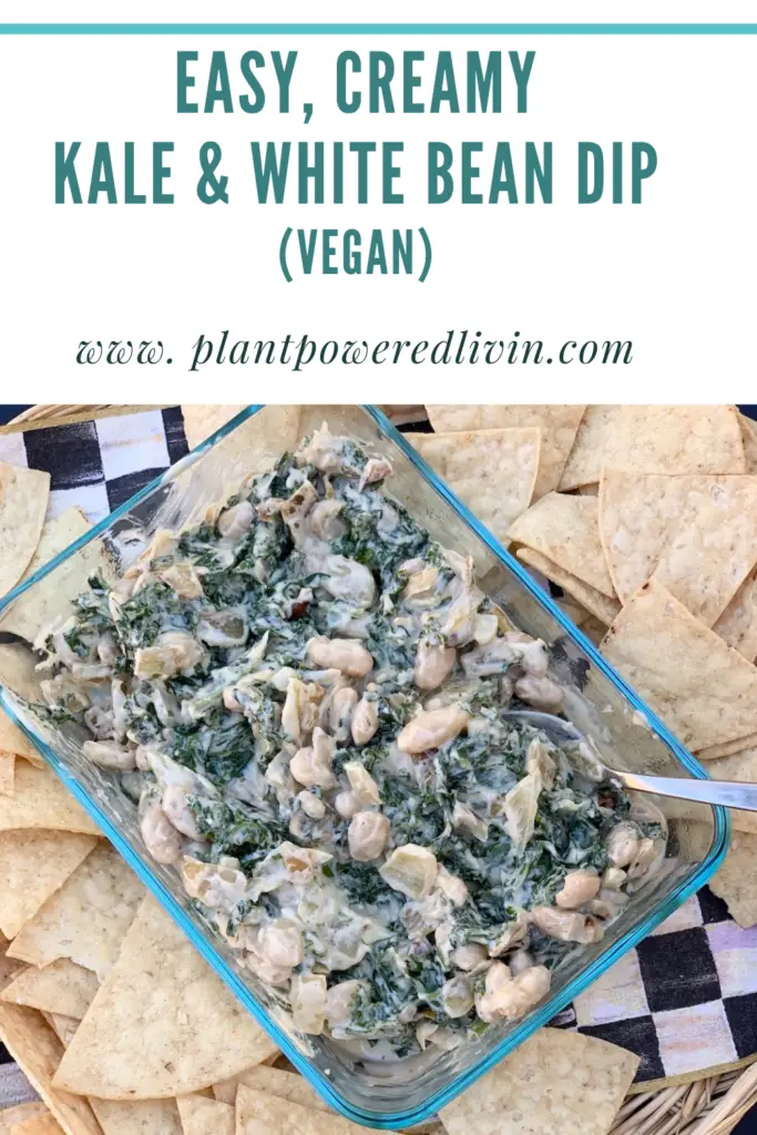 Pin of creamy Kale and White Bean dip served with tortilla chips.