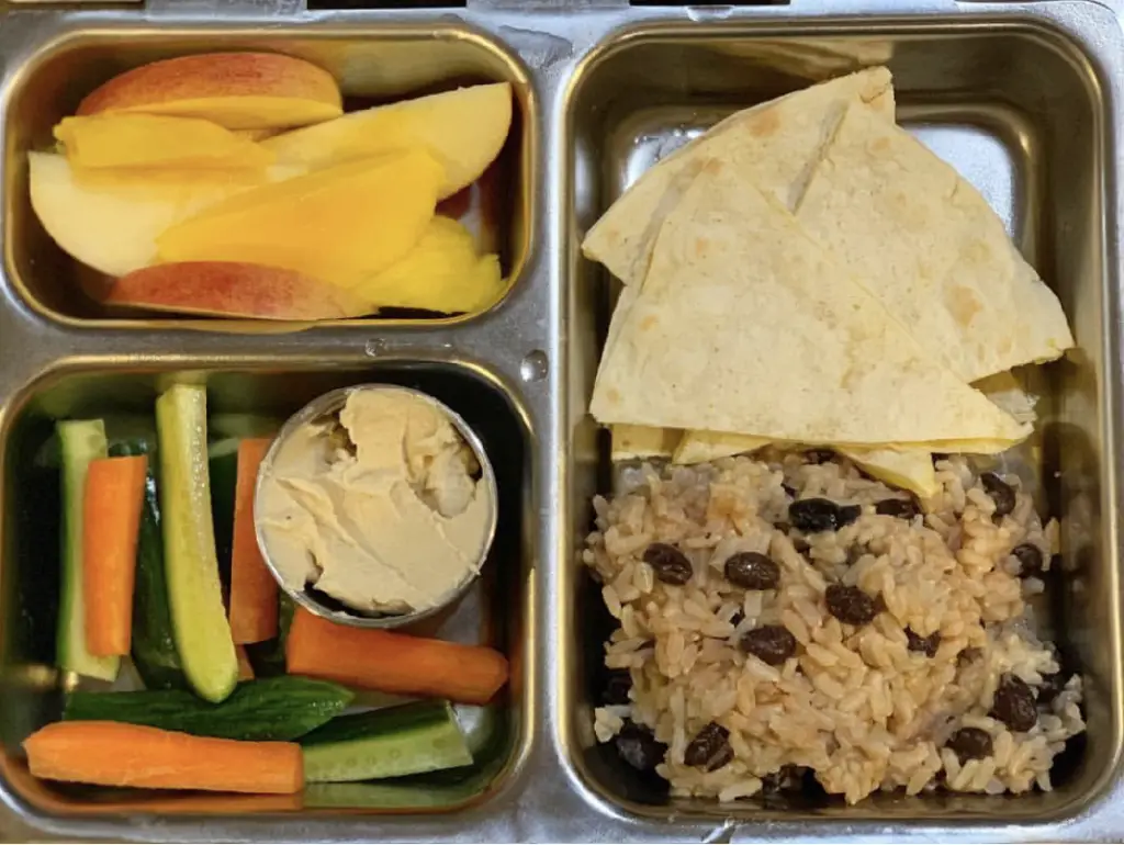 nut free lunchbox 16, rice and beans and quesadillas