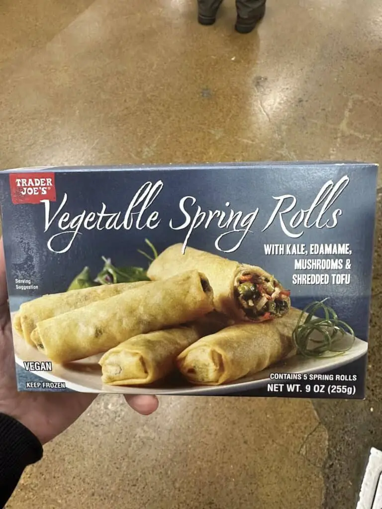 Box of vegetable spring rolls, one of the top Trader Joe's vegan appetizers.