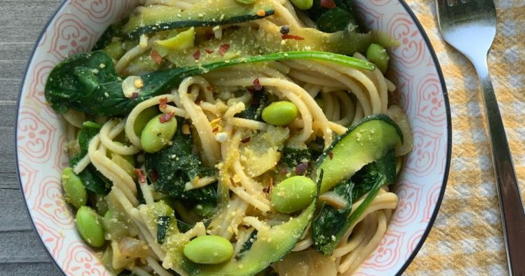 Vegan Pasta Primavera with Edamame, Zucchini, & Spinach
