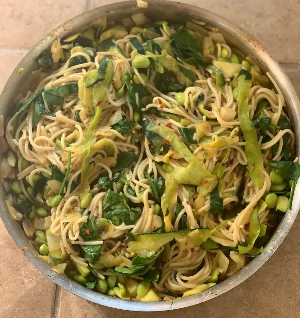 Vegan pasta primavera mixed and ready to plate!