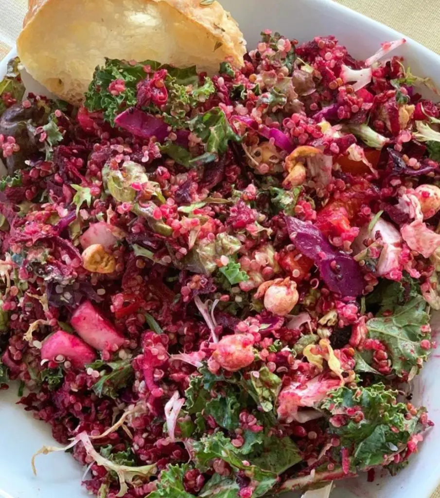A beautiful high-protein vegan salad idea: raw beet salad.