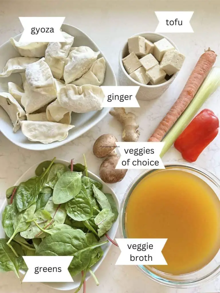 Ingredients labeled, on white countertop.