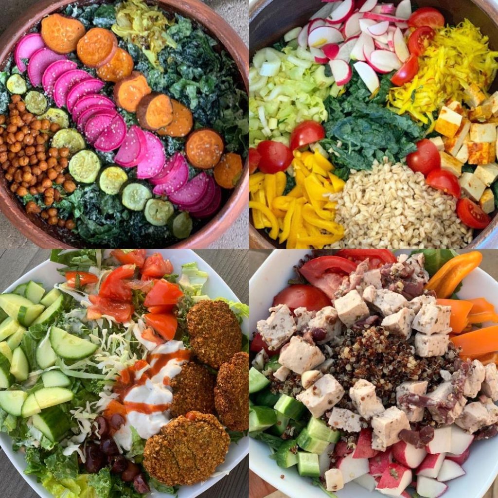 Collage of salad ideas for lemon herb tahini dressing.