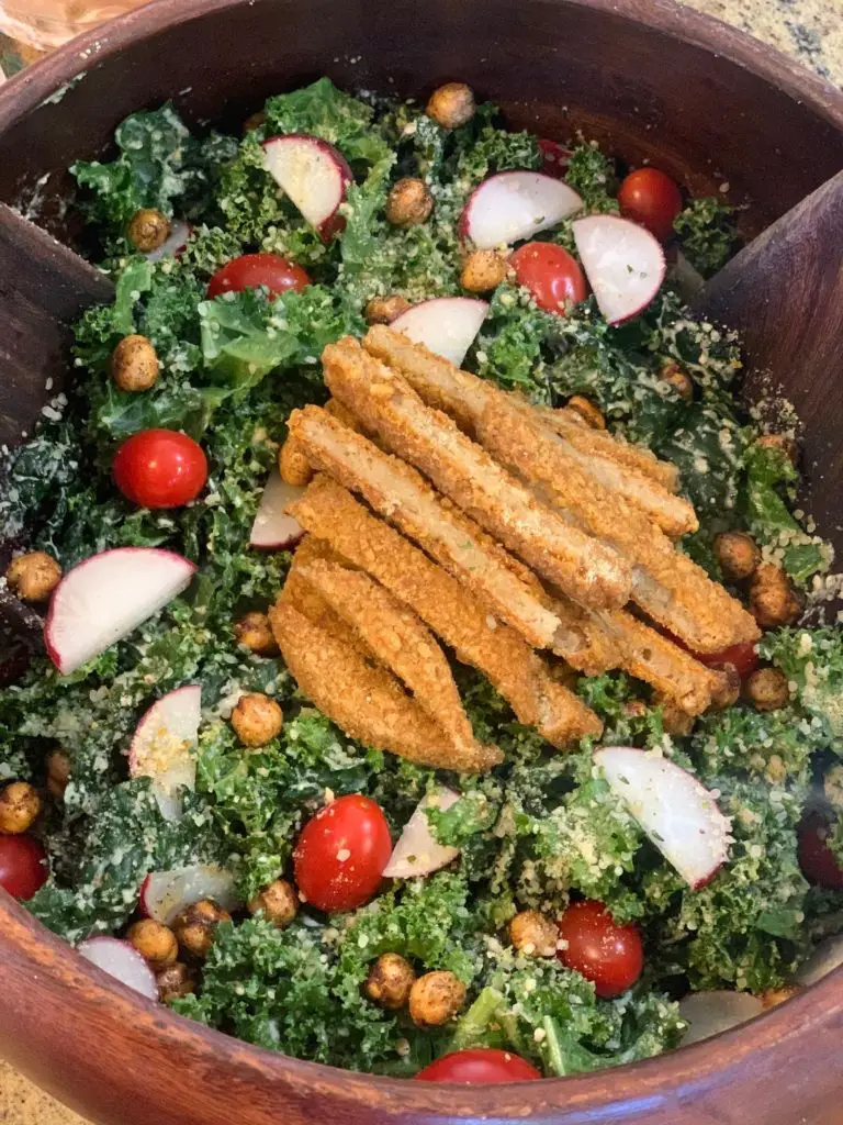 Chicken caesar salad is one of the especially satisfying high-protein vegan salad ideas.