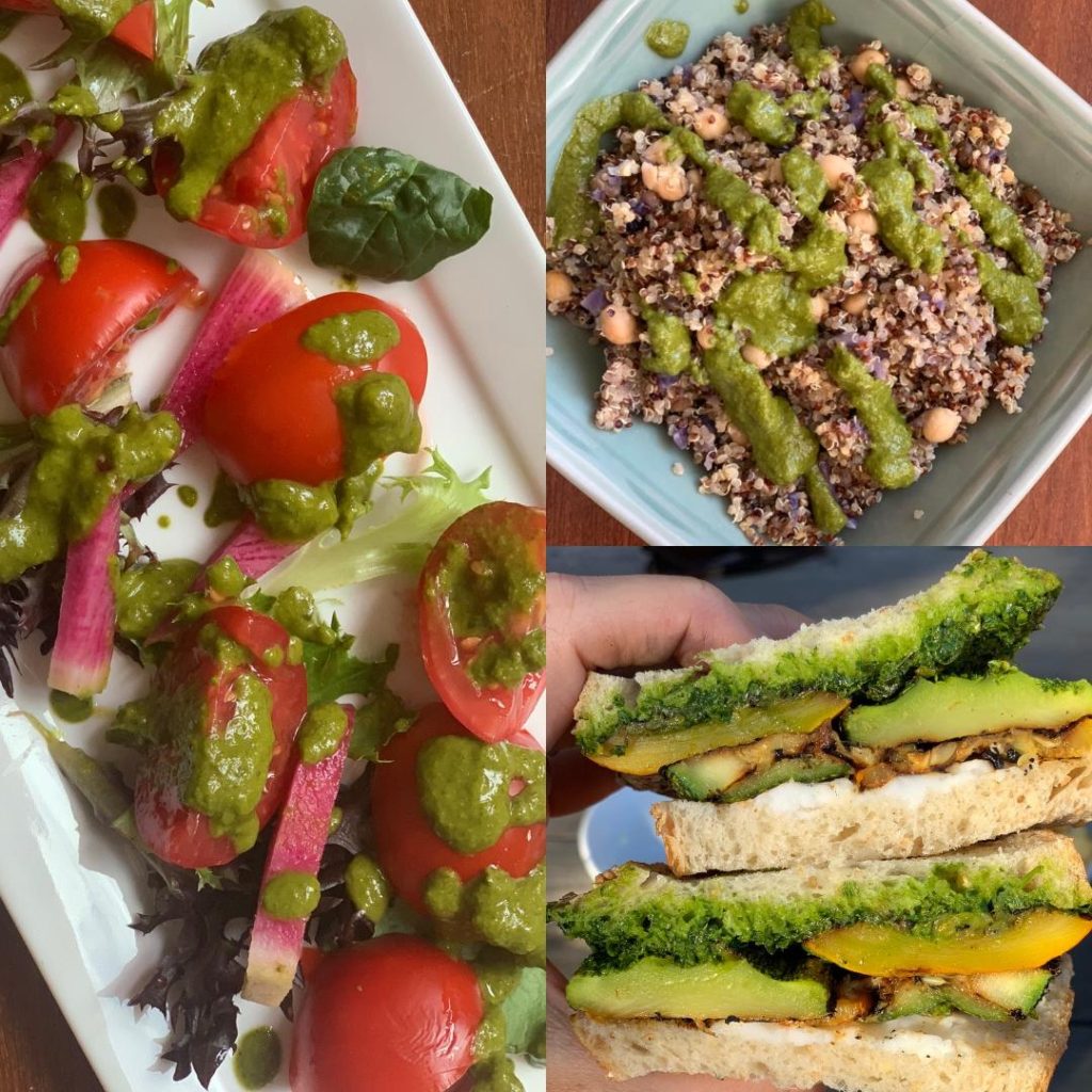 Collage of herb sauce used over a salad, over quinoa, and on a veggie sandwich.