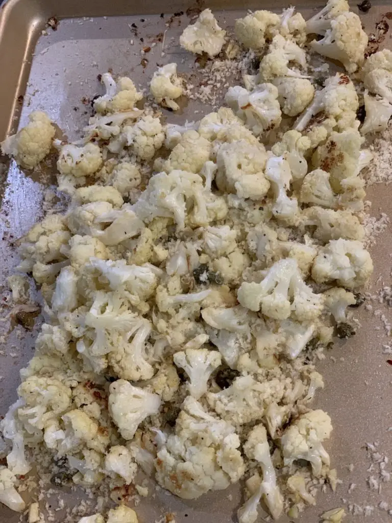 Cauliflower after roasting for 20 minutes: ready to add in panko.