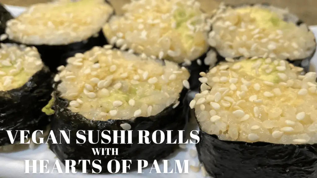 Hearts of Palm Sushi close up with sesame seeds on top.