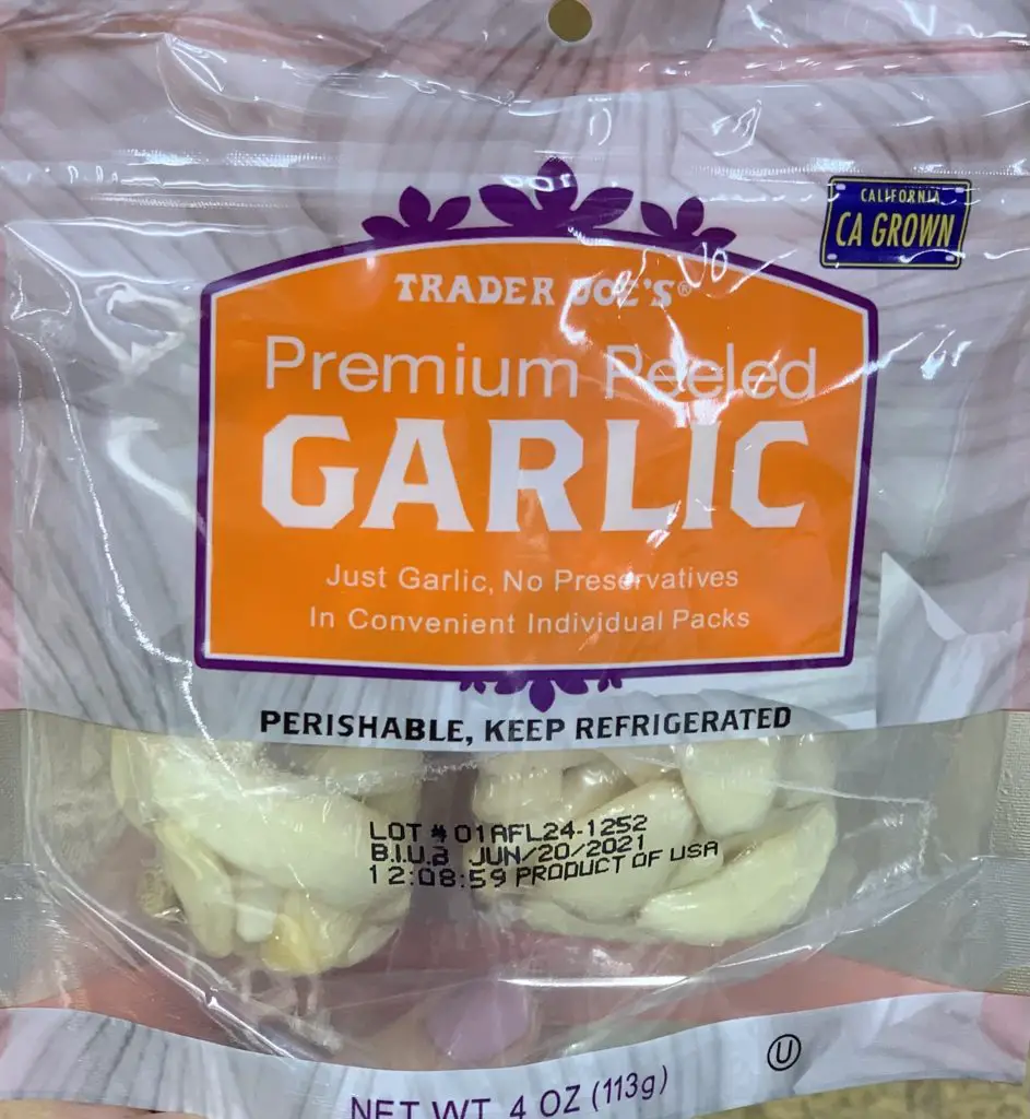 Peeled garlic in plastic bag.