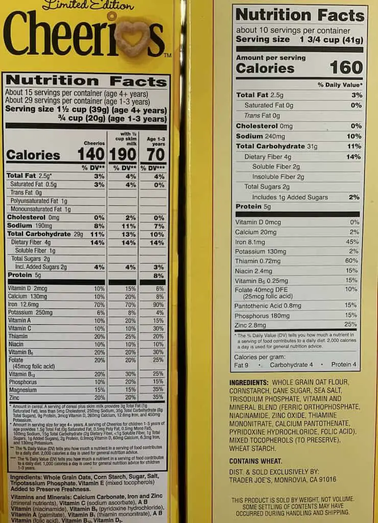 Nutritional info comparison for cheerios from both brands.