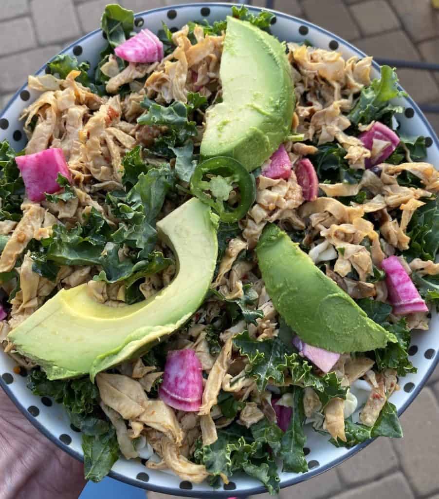 Yuba noodle salad bowl with avocado, radish, and kale.