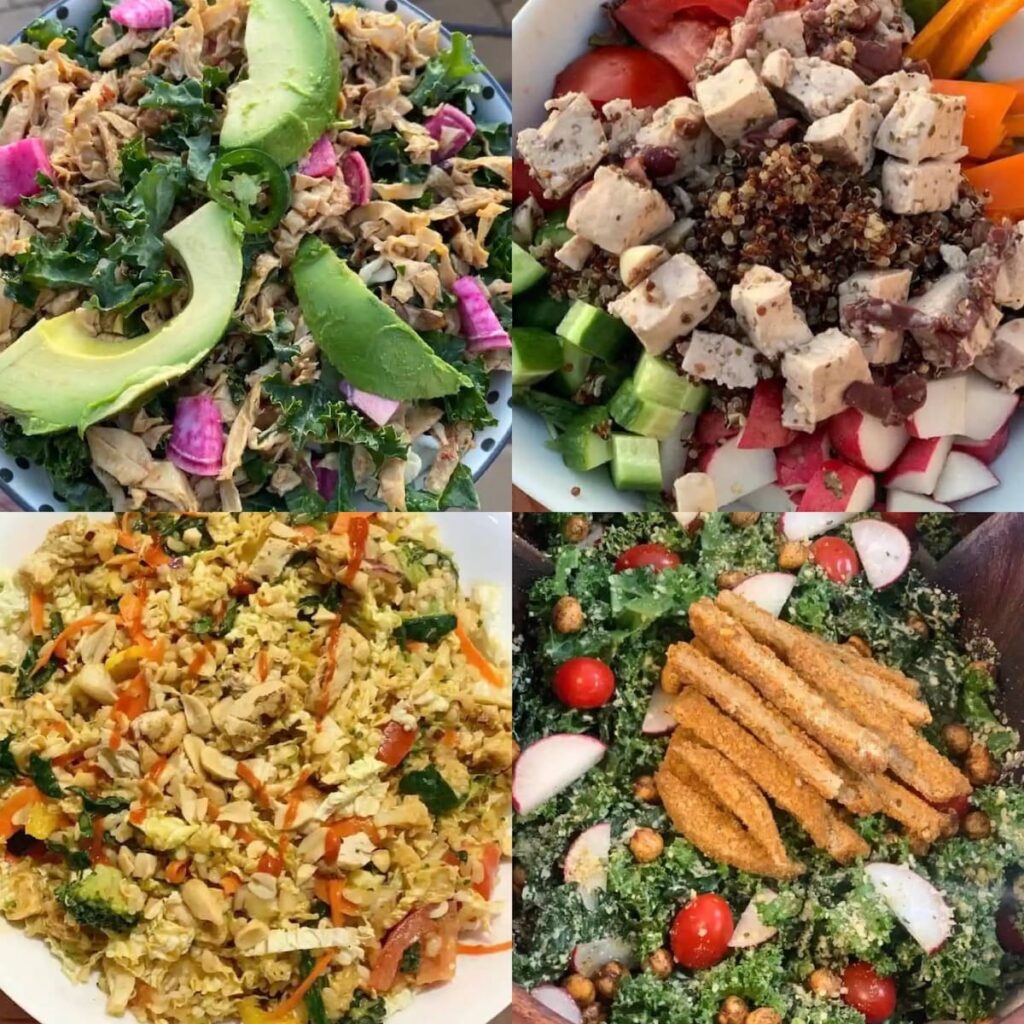 Collage of four high-protein vegan salad ideas.