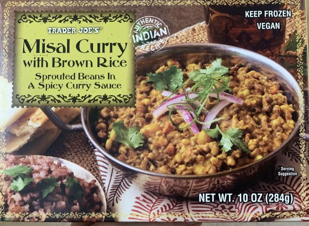 Trader Joe's misal curry with brown rice in package, one of the top Trader Joe's vegan frozen meals.