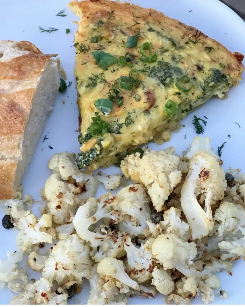 Easy Just Egg frittata with roasted cauliflower and fresh bread.