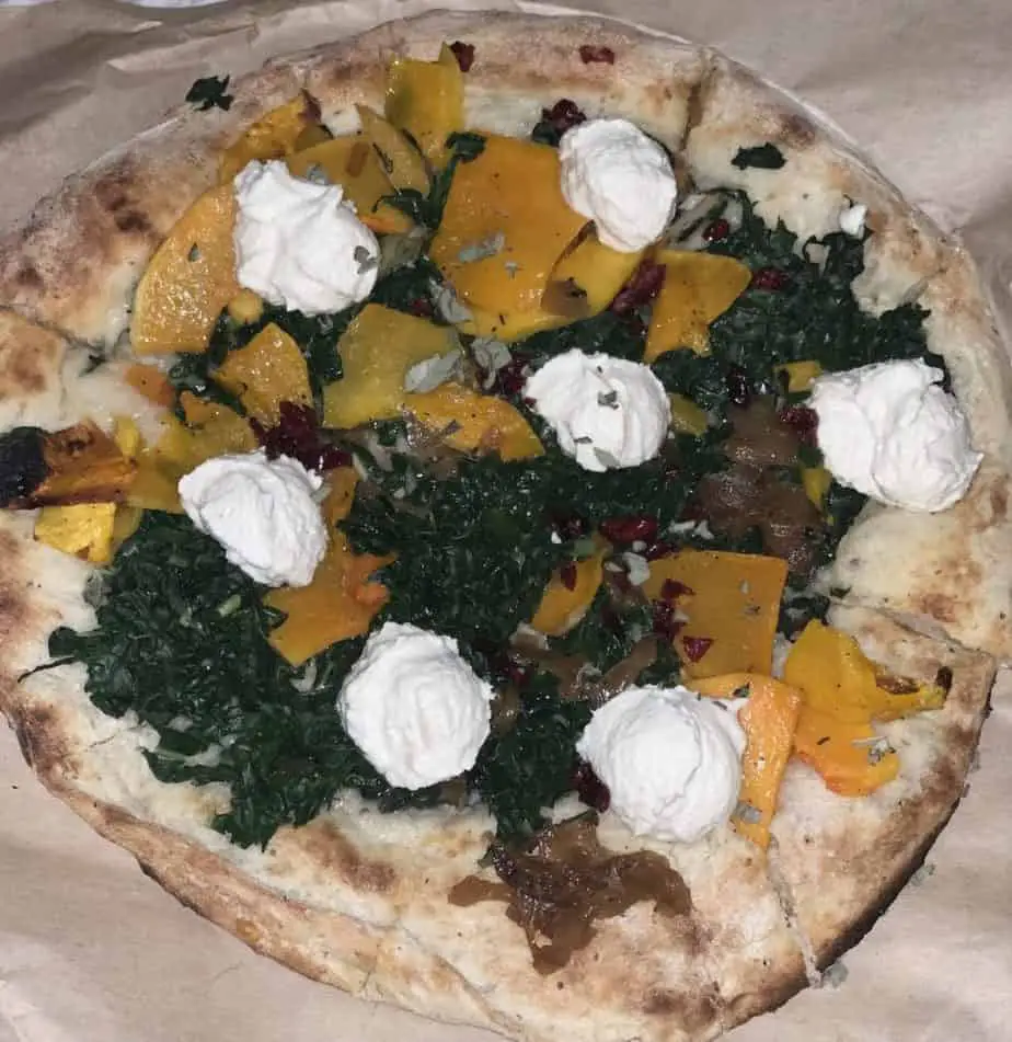 Butternut squash pizza with vegan almond ricotta at True Food Kitchen.
