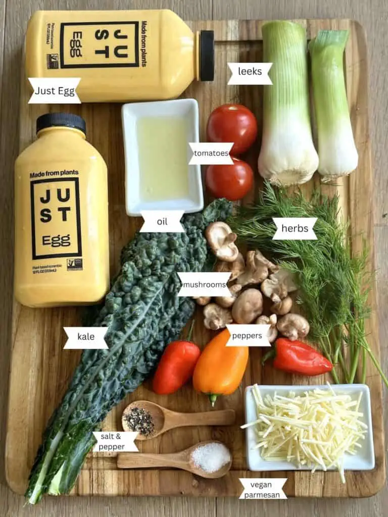 Labeled ingredients on wooden cutting board, 