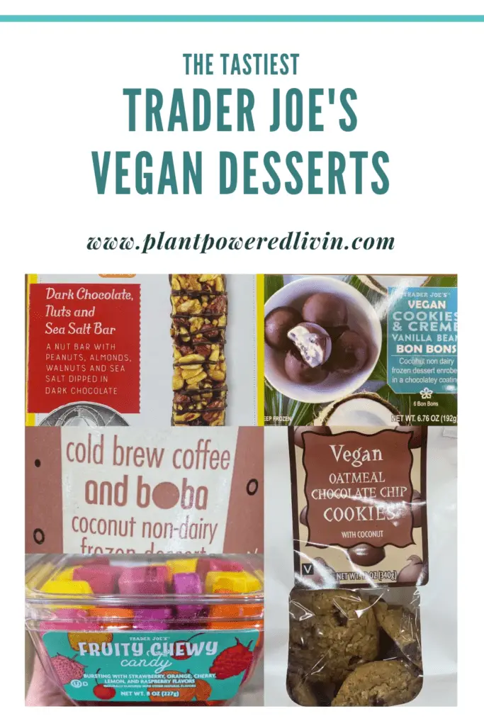 Pin of Trader Joe's vegan desserts.