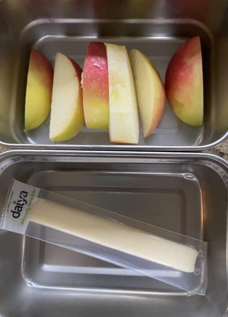 apple slices and vegan cheese stick