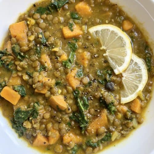 superfood soup with lentils, sweet potato, kale, and more
