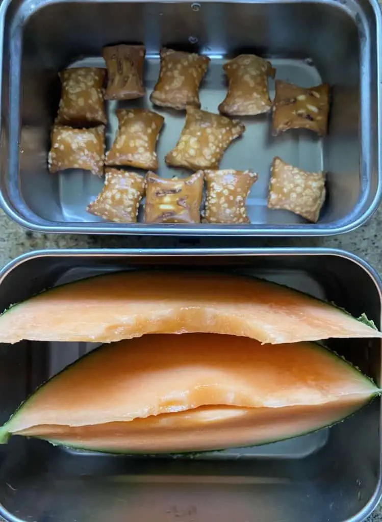 peanut butter pretzels and melon