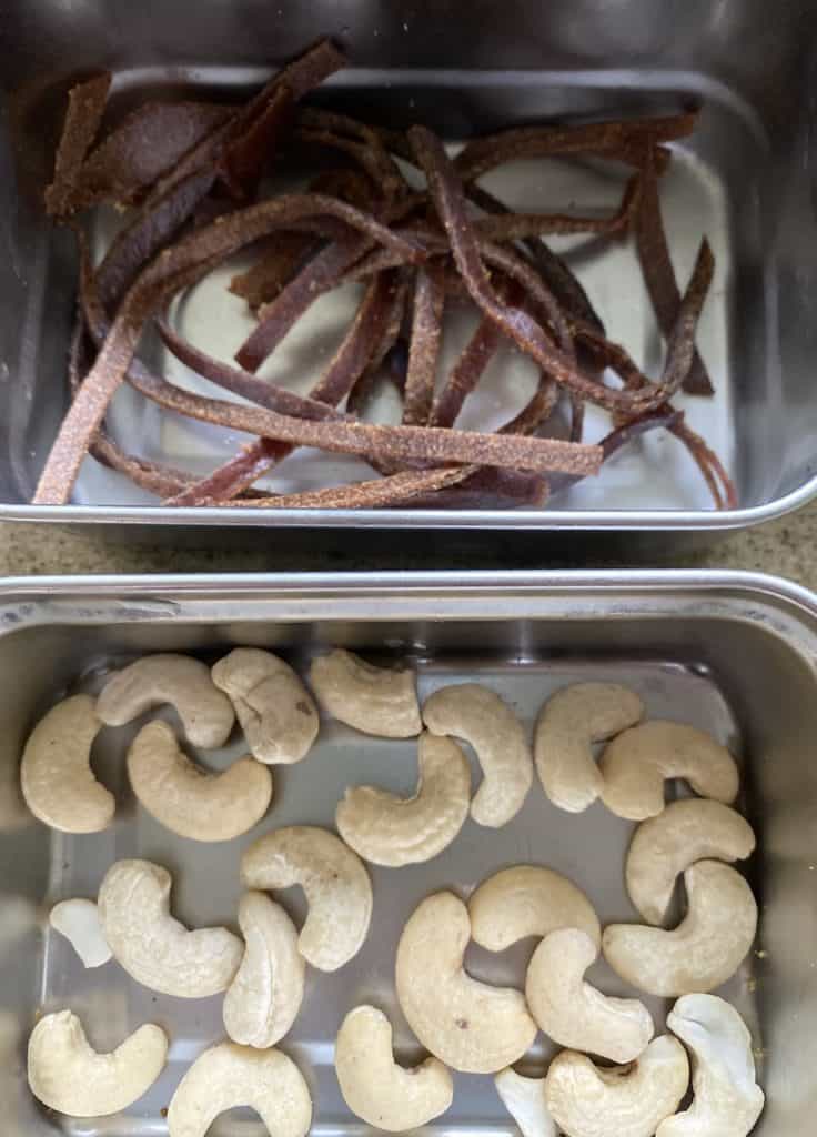 dried fruit strips and cashews, some healthy vegan school snacks!