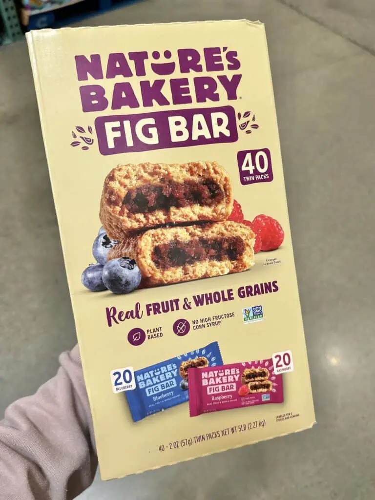 Nature Bakery Fig Bars bulk pack, including blueberry and raspberry flavors.