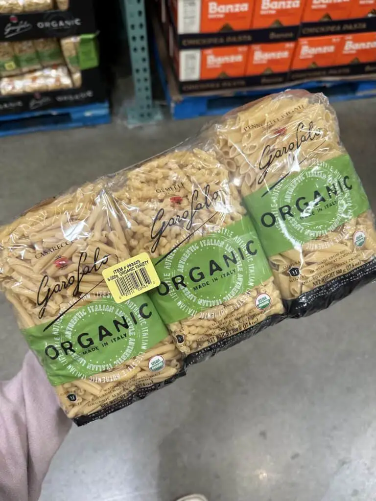 Six pack of organic pasta in three shapes.