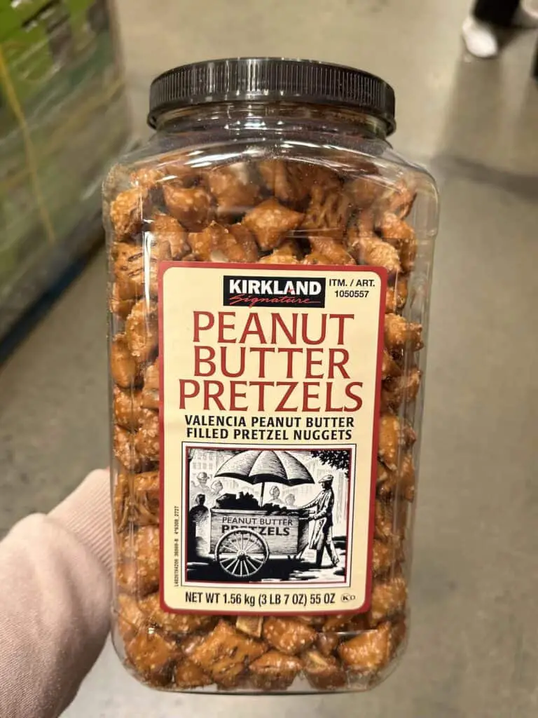 Bulk container of Kirkland peanut butter pretzels.