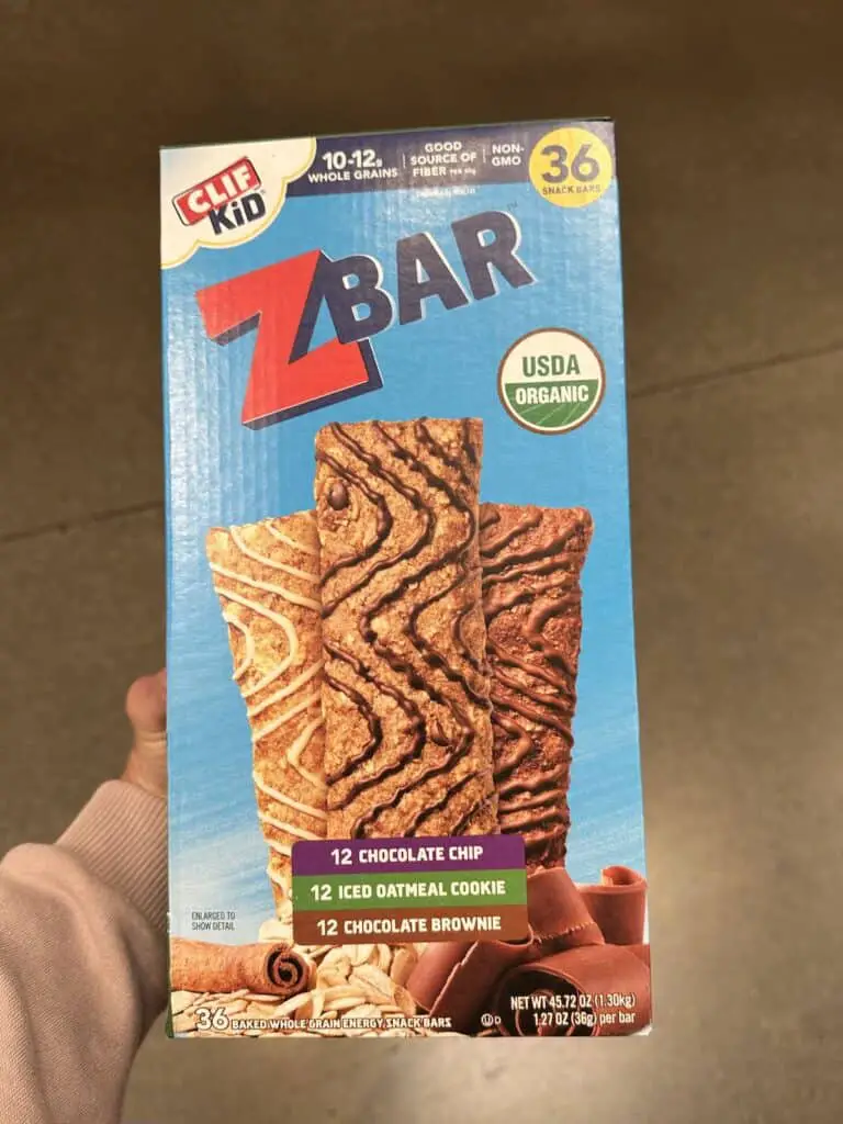 Z Bars bulk package, including three flavors: chocolate brownie, chocolate chip, and iced oatmeal.