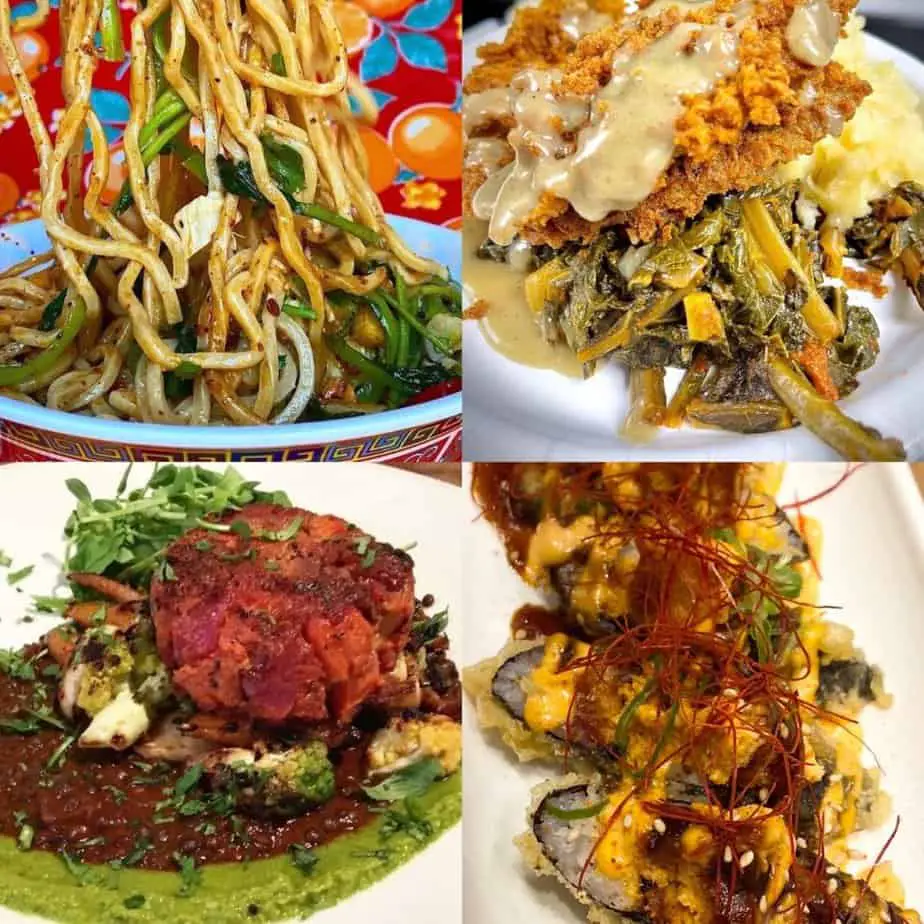 Collage of some of the best East Bay vegan dishes.