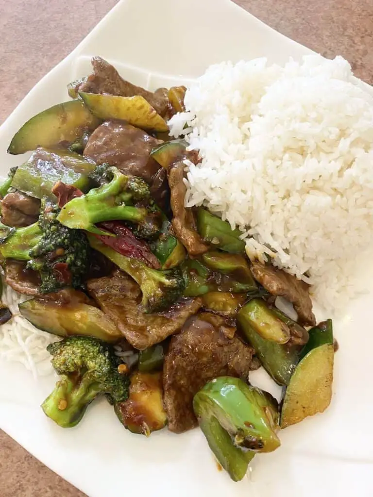 Vegan Mongolian Beef with broccoli, peppers, and zucchini at Veggie Lee in Hayward, CA.