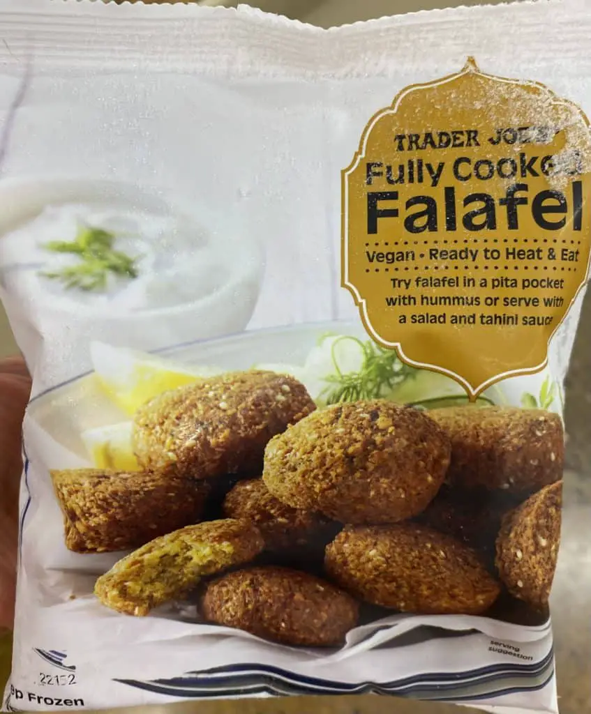 Package of frozen Trader Joe's fully cooked falafel.