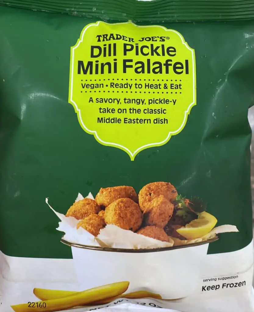 Bag of frozen dill pickle mini falafel.