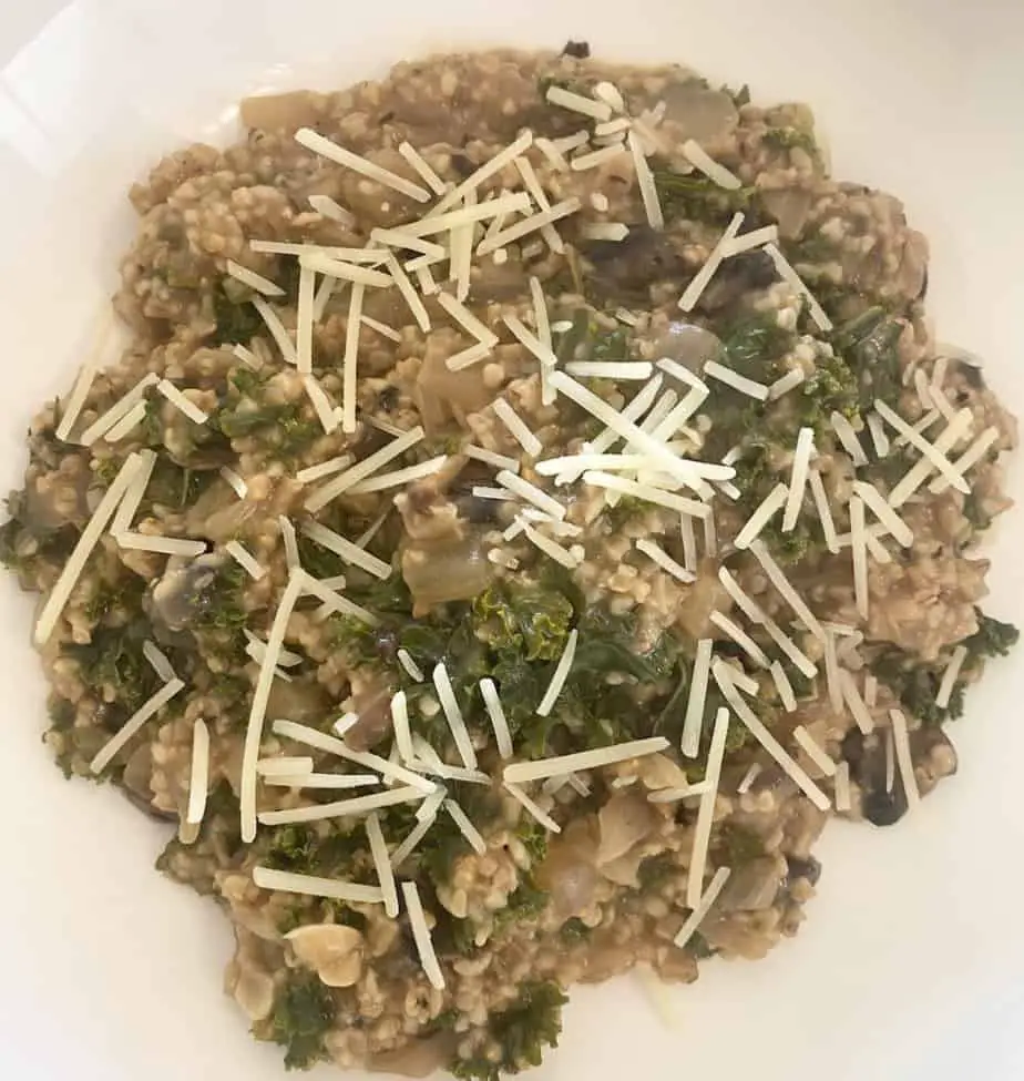 Savory steel cut oats with plant-based cheese.