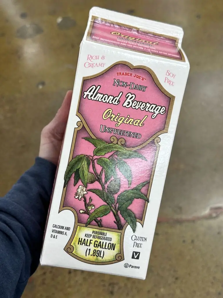 Trader Joe's original almond beverage in pink carton.