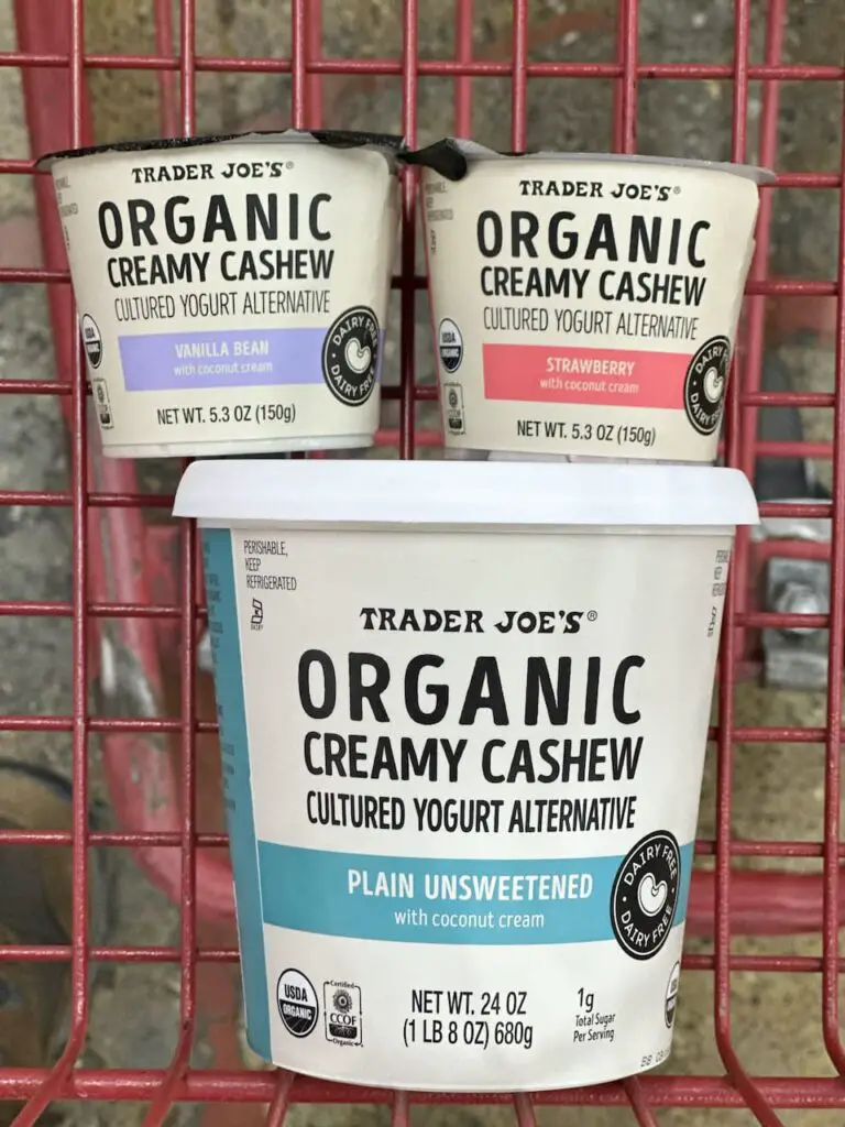 Trader Joe's dairy-free yogurt in 3 flavors: plain, vanilla, and strawberry.