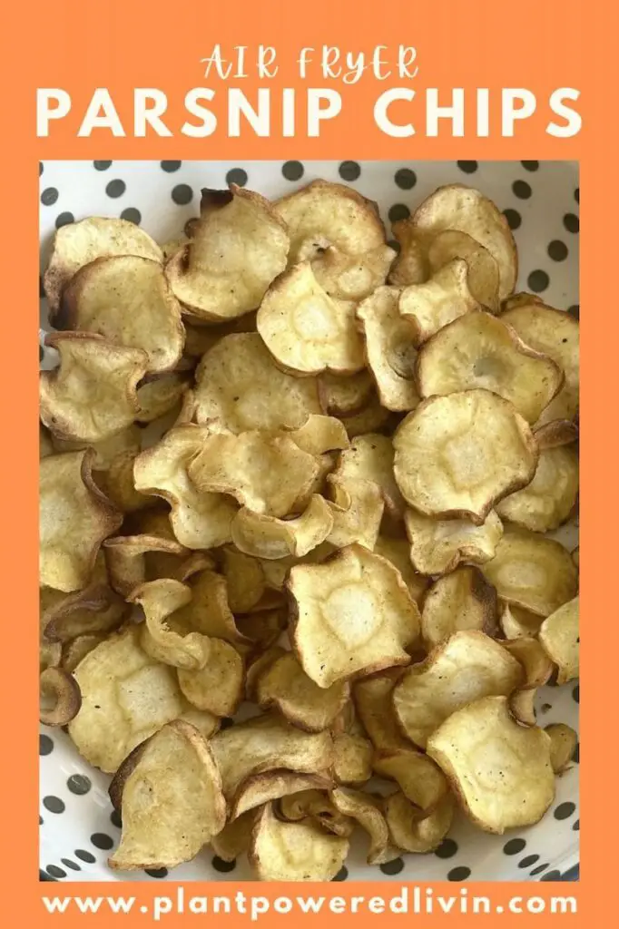 Pinterest pin of air fryer parsnip chips.