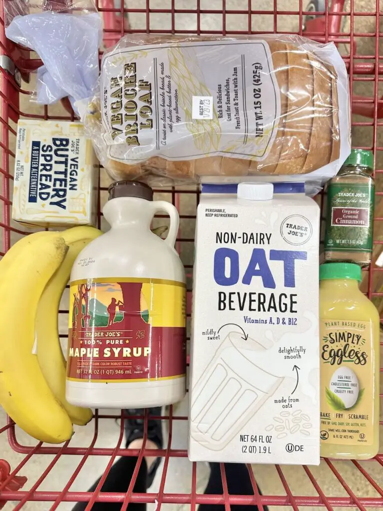 Vegan French toast ingredients in shopping cart.