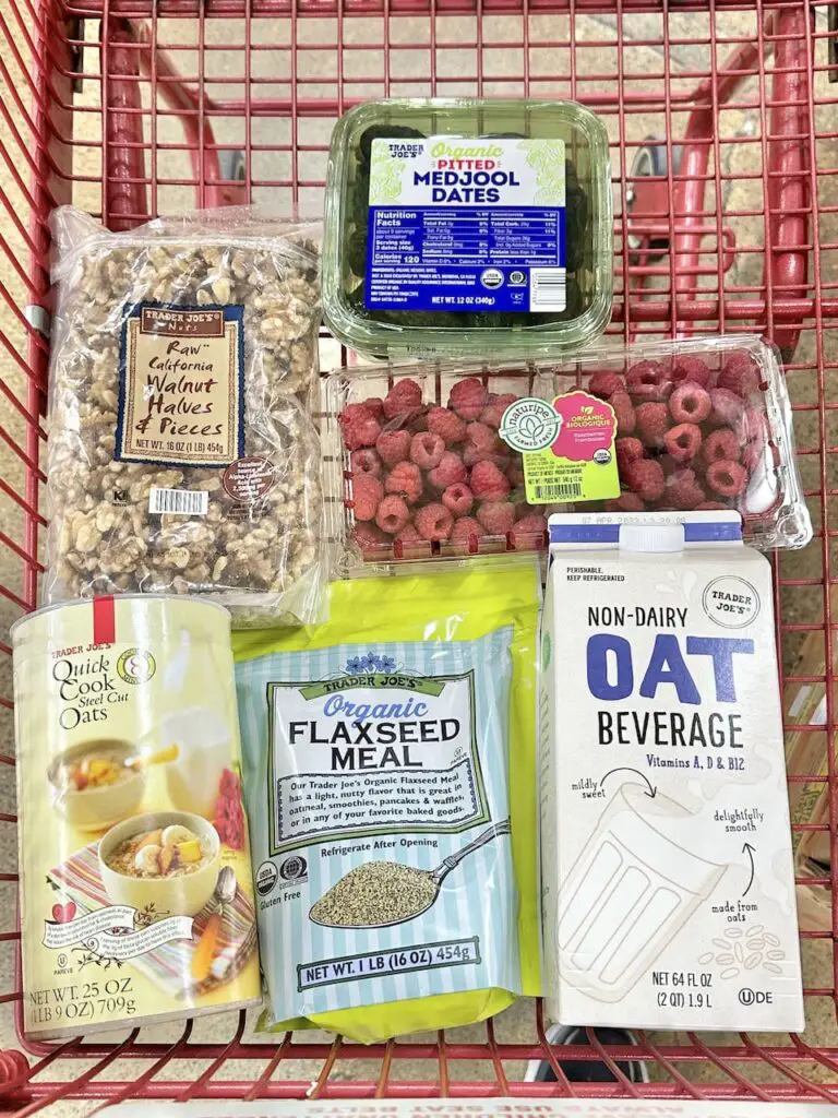 Shopping cart full of ingredients for oatmeal bowl idea.