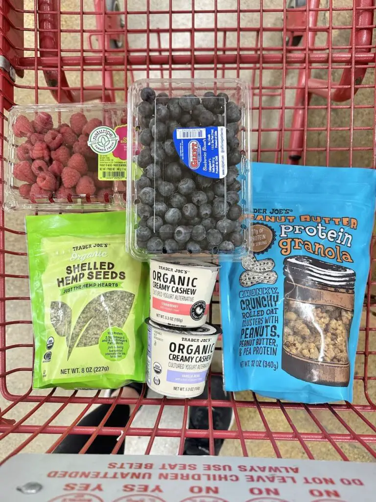 Plant-based yogurt parfaits ingredients in shopping cart.