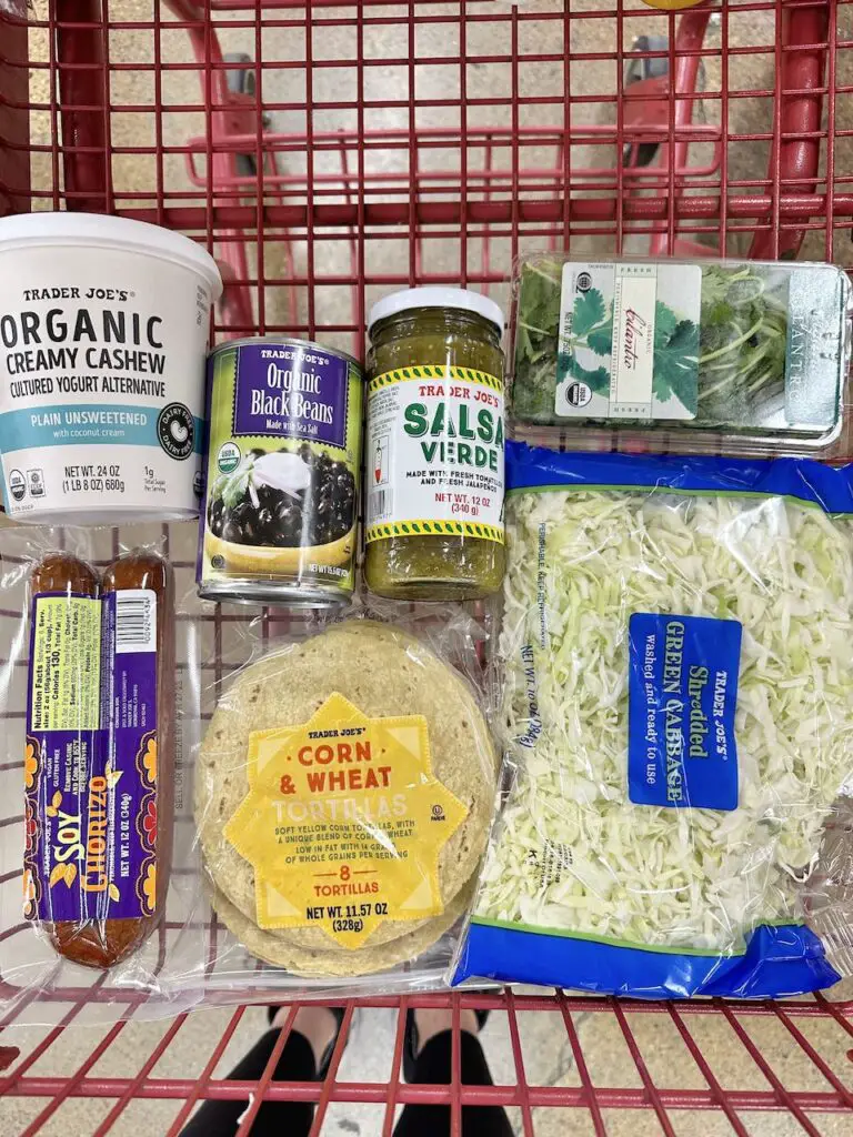 Shopping cart of vegan breakfast tacos ingredients.