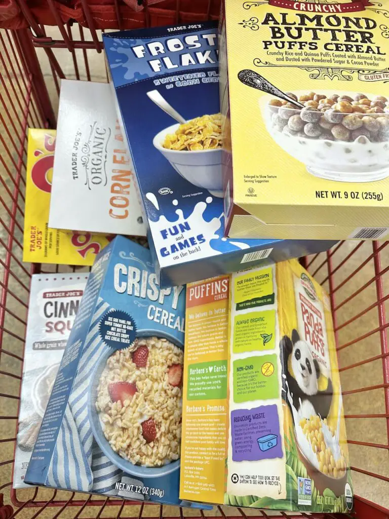 Current assortment of Trader Joe's vegan cereals.