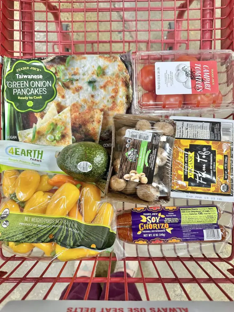 Trader Joe's vegan scramble ingredients shown in a shopping cart.