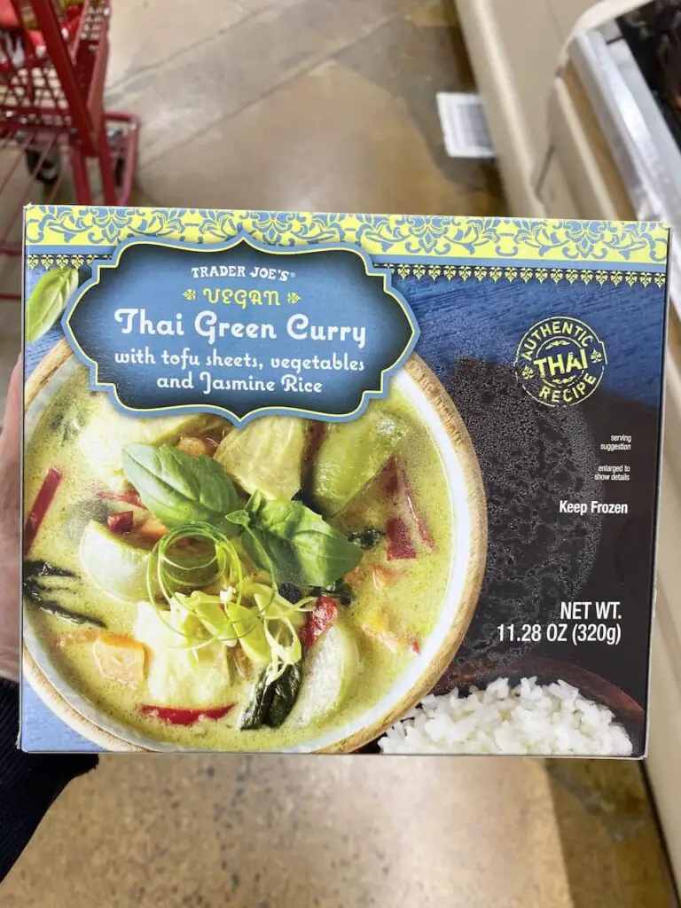 Box of frozen Thai Green Curry shot from the frozen aisle of Trader Joe's!