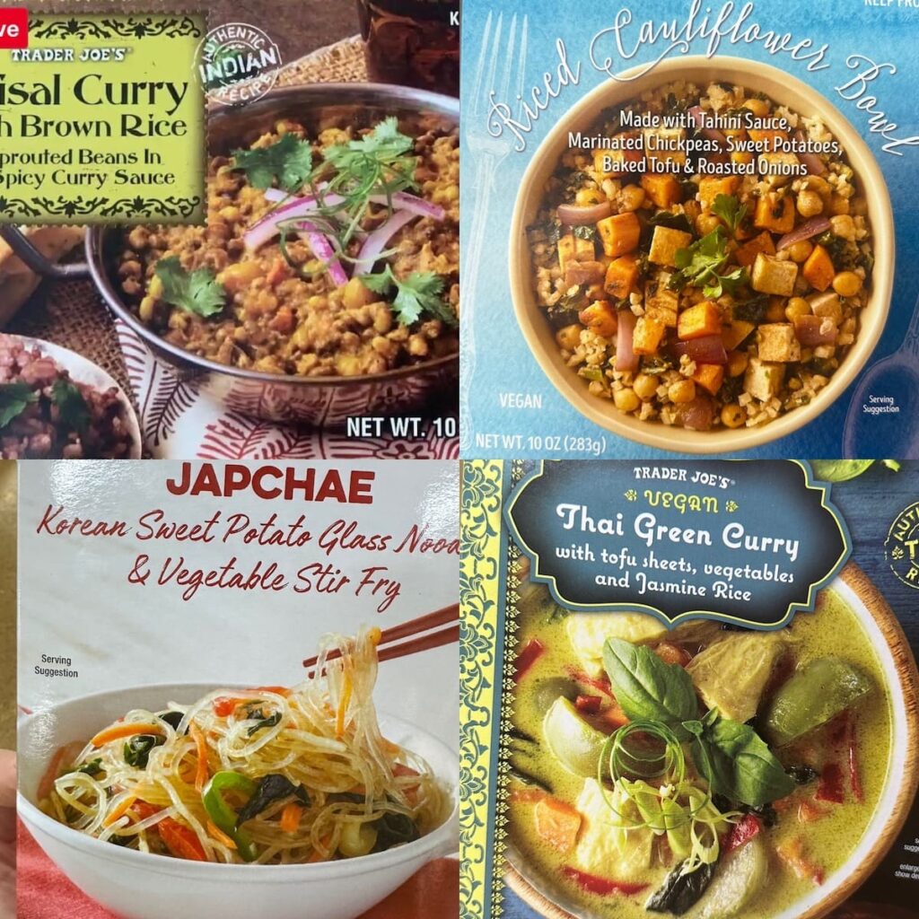 Collage of Trader Joe's frozen vegan dinners.