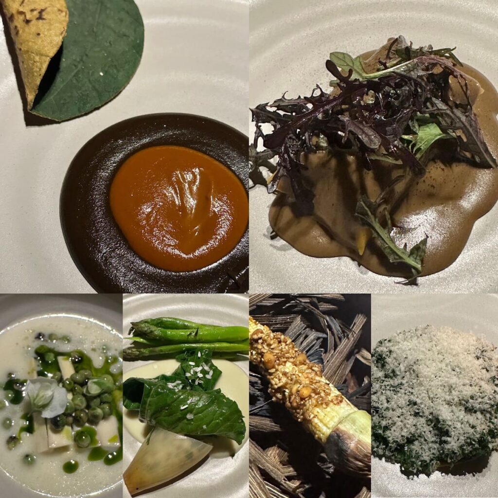 Collage of the 7-course vegan tasting menu at Mexico City's Pujol.