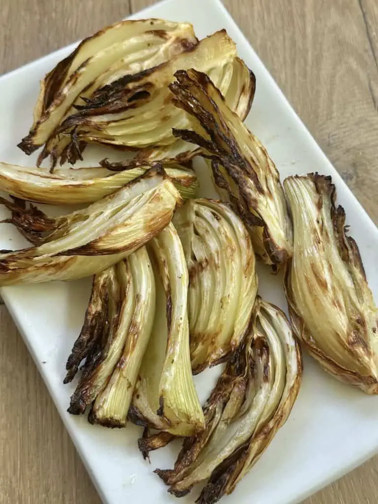 Close up of air fryer fennel on platter.