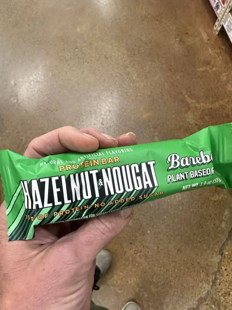 Hazelnut & nougat Barebell bar in green package.