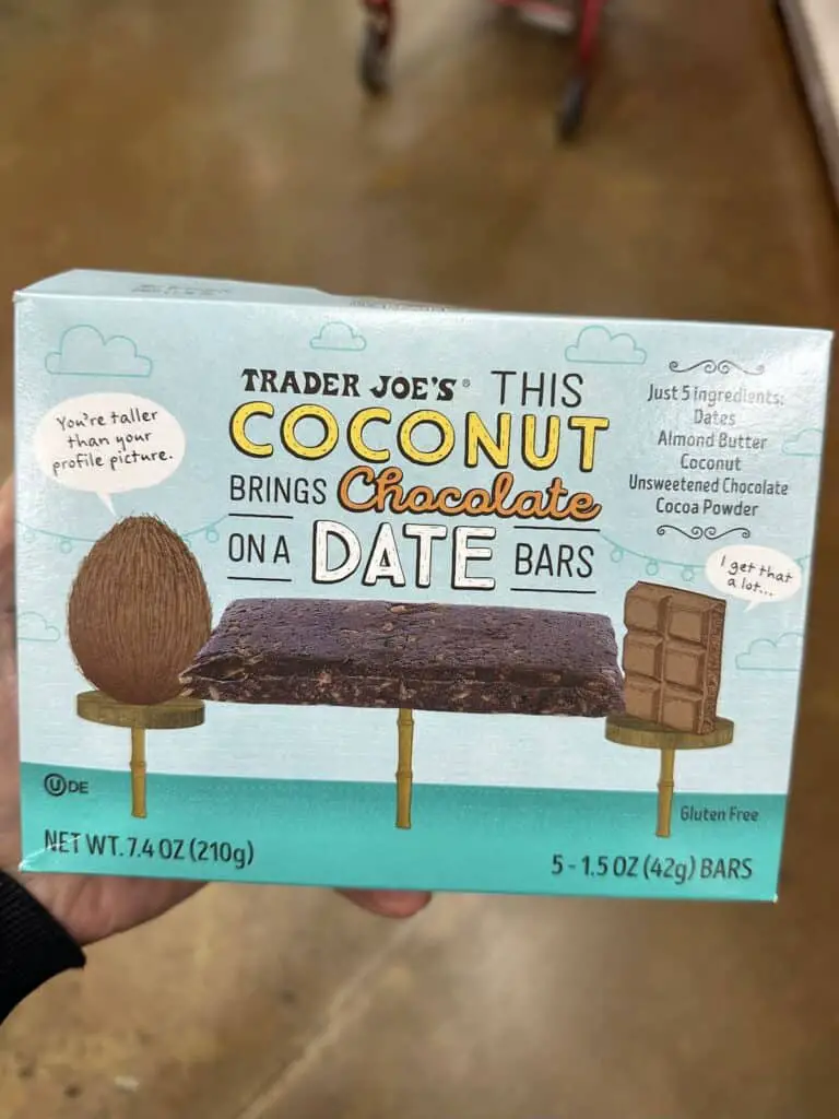 Box of chocolate date bars, one of the best Trader Joe's vegan snacks.